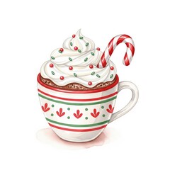 Warm cup of cocoa topped with whipped cream and a candy cane on a festive holiday design