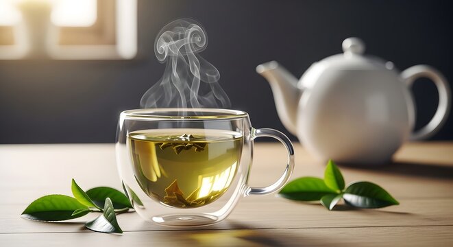 Steaming hot green tea in a clear glass cup on a wooden table with fresh leaves and a teapot, representing a wellness and relaxation concept in soft morning light