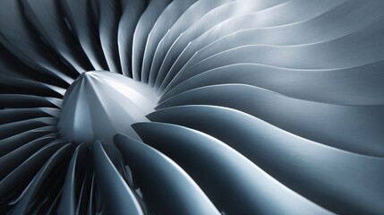Close-up of a turbine engine showing blades and central cone in silver tones.