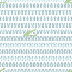 Fun wavy background with blue waves and green crocodiles. Seamless vector pattern for bedding, clothing, or everyday textiles Abstract light blue background with waves for creative nautical decoration