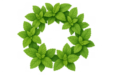 Mint leaves green wreath frame, natural herbal circle border on transparent background for food or health concepts