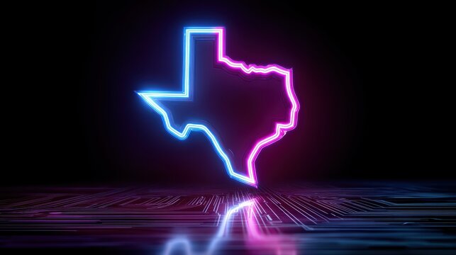 cyberpunk texas border, texas state border icon in vivid neon cyberpunk colors, outlined by electric blue and magenta lines against a dark futuristic background