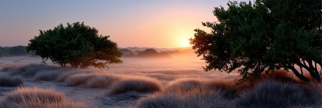 prairie morning haze, warm morning haze blankets the texas prairie, casting a peaceful and dreamy atmosphere with silhouetted mesquite trees and cacti