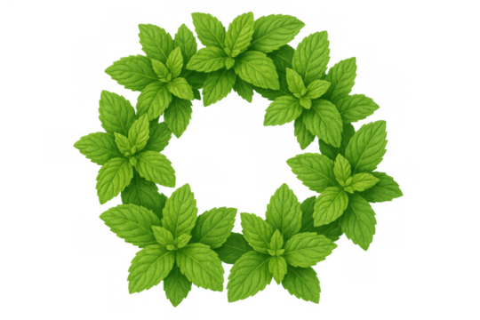 Mint leaves green wreath frame, natural herbal circle border on transparent background for food or health concepts