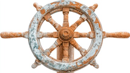 Rusty ship's wheel against white