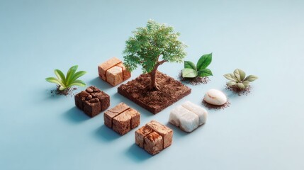 Small tree, various blocks,  earth, plants