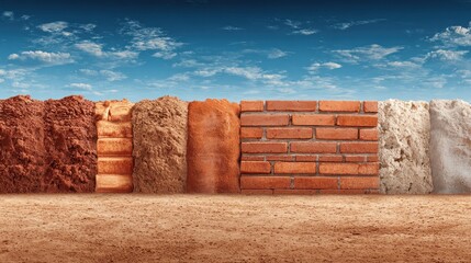 Different building materials displayed against a backdrop of a clear sky