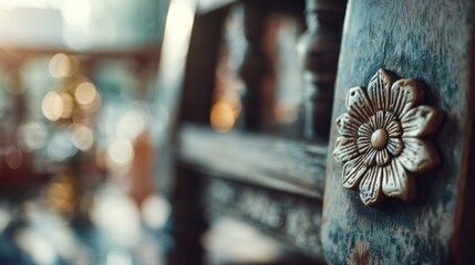 Ornate brass flower on aged wooden furniture