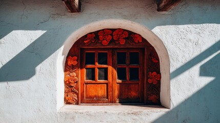 Ornate wooden window, arched alcove, sunlit white wall