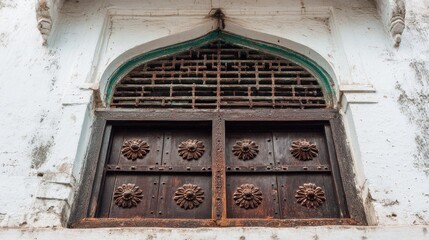 Ornate, aged wooden doors set in a whitewashed building