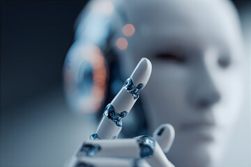 Robotic hand pointing with artificial intelligence and machine learning concept. Future of technology interaction with human and machine collaboration.
