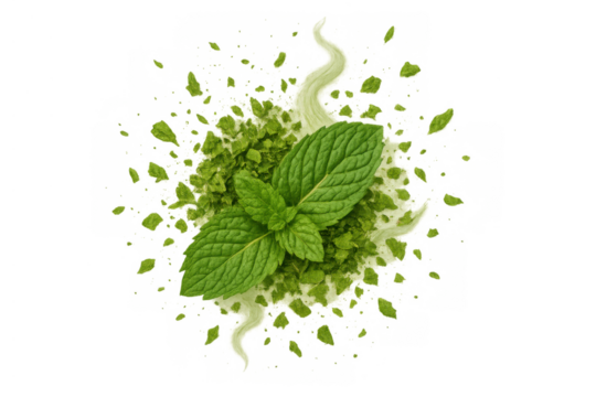 Fresh mint leaves with matcha powder exploding on an invisible surface, creating a vibrant herbal splash, transparent background