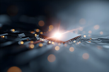 Microchip glowing with light, representing an electronic circuit board. Concept of computer hardware component for data processing in 5G and 6G networks or cloud service.