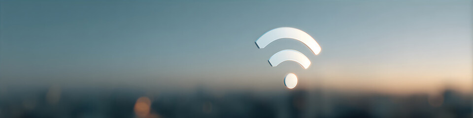Digital Wi-Fi symbol over a blurred cityscape at dusk, representing fast wireless internet connection and modern telecommunication technology.