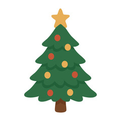 Festive decorated Christmas tree with colorful ornaments and star, simple flat style for holiday designs.