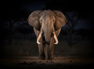 Fototapeta premium Massive African Elephant Walking Forward in Dark Savannah Under Dramatic Cinematic Lighting, Powerful Wildlife Portrait
