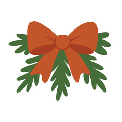 Green festive branches with a warm ribbon bow, flat decorative illustration perfect for holiday designs.