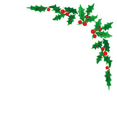 Watercolor Christmas holly corner festive decoration with green leaves and red berries isolated on white background