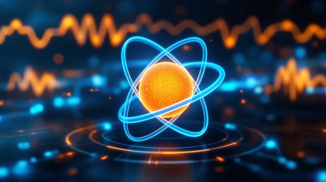 Abstract Orange Atom with Blue Orbitals on a Dark Blue Background