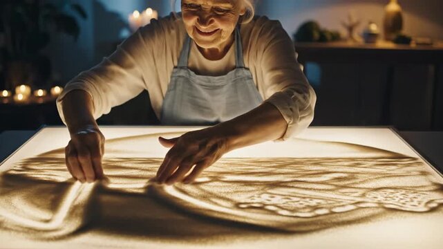 An elderly woman sand artist prepares her painting senior sand art performance for art blogs, handmade gifts websites, hobbies and creativity cards
