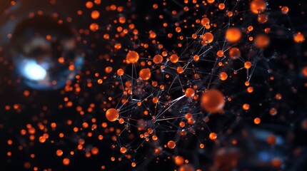 Abstract molecular network with glowing orange spheres on dark