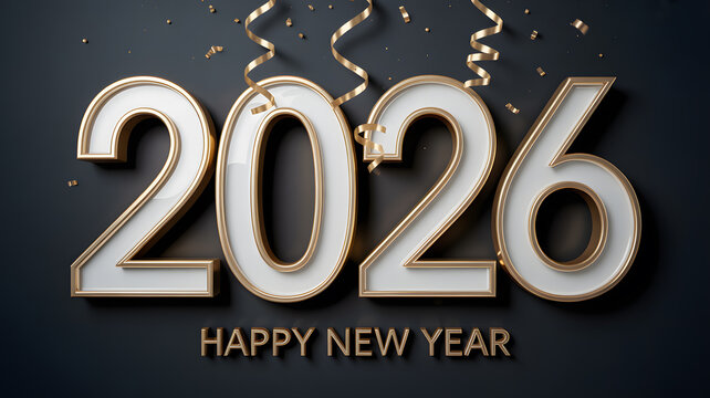 Luxurious New Year greeting design featuring 3D 2026 numbers with gold trim on a black background, accented by HAPPY NEW YEAR in elegant gold letters and confetti.