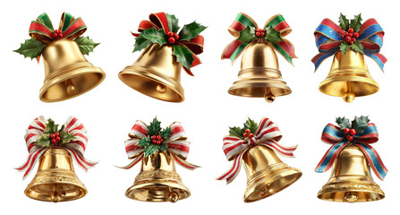 PNG Festive golden bells with ribbons, element set on transparent background