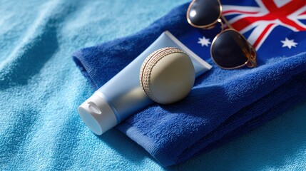 australia day still-life, a well-arranged australian day themed still-life captures essential items on a beach towel, exuding a classic summer vibe