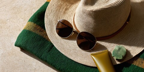 australian summer essentials, an australian summer themed flat lay featuring stylish sunglasses, sunscreen, a wide-brimmed hat, and a picnic blanket sharp focus on textures and colors with a sandy