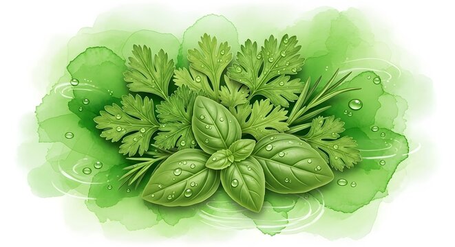 Watercolor painting of fresh herbs including basil cilantro and rosemary with water droplets effect