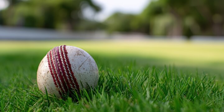 sports equipment texture, a close-up low-angle shot of a cricket ball on lush green grass, with a sharp focus on the red seam and worn leather texture, and a blurred cricket pitch in the background