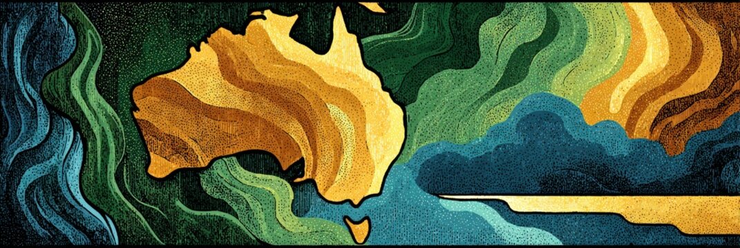 australian-themed graphic design, a striking postcard template features a stylized australian map, geometric patterns, and free copy space in bold colors