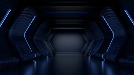 Dark futuristic corridor with blue neon lights and glossy floor.