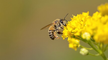 Honeybee collecting pollen from yellow flowers in summer garden