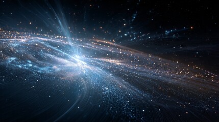 Abstract cosmic scene shows swirling blue and gold light against a dark background.