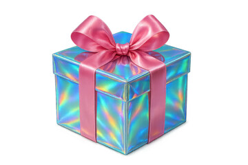 Obraz premium Holographic gift box with a vibrant pink ribbon and bow, creating a festive visual for celebrations, presents, and special occasions