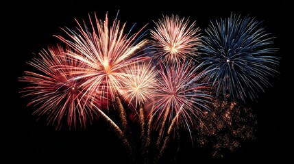 Fototapeta premium Celebratory Burst of Fireworks: A vibrant and colorful display of fireworks explodes against a dark backdrop, painting the night sky with streaks of light, evoking a sense of wonder, festivity.