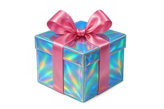 Holographic gift box with a vibrant pink ribbon and bow, creating a festive visual for celebrations, presents, and special occasions