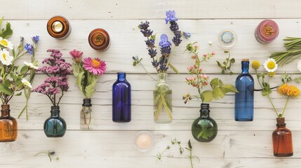 Colorful wildflowers and buds in tiny, vintage glass bottles arranged on a white wood surface