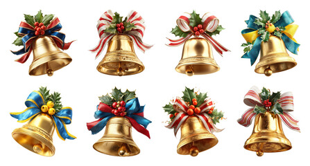 PNG Festive golden bells with ribbons, element set on transparent background