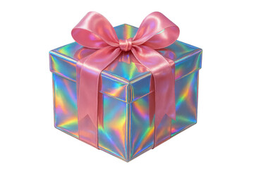 Obraz premium Holographic spectrum gift box with pink ribbon bow on transparent background symbolizing celebration and surprise