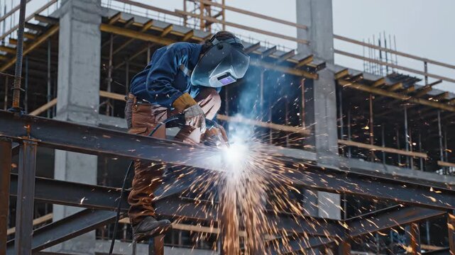 Skilled welder working on construction site, sparks flying