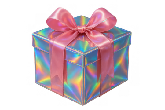 Holographic spectrum gift box with pink ribbon bow on transparent background symbolizing celebration and surprise