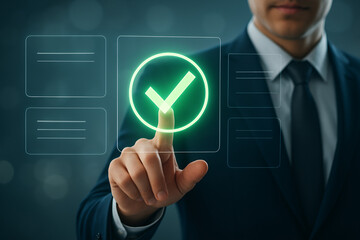 Business Professional Pressing Digital Green Verification Checkmark on Futuristic Approval Interface