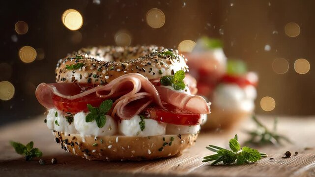 A bagel is filled with layers of savory ham, fresh tomatoes, and creamy cheese, garnished with vibrant mint leaves. The combination of flavors and textures creates a delightful cul