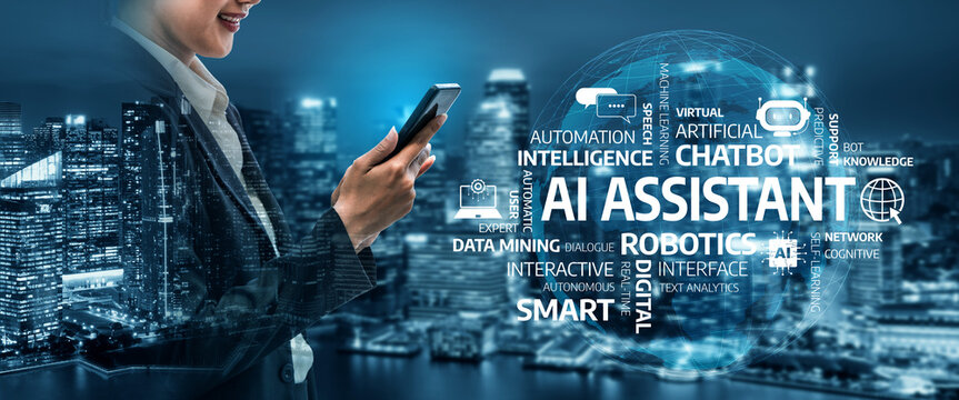 A businesswoman interacts with AI technology on her smartphone amidst a stunning city backdrop, highlighting innovation and the future of digital communication. Tessel
