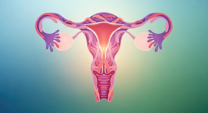 Vibrant female reproductive system graphic displaying uterus, cervix, ovaries, fallopian tubes. Promoting women's health awareness and gynecological wellness. - Powered by Adobe
