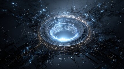 Abstract glowing circular portal with shattered stone effect, dark blue and gray tones.