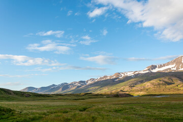 Fototapeta premium Icelandic landscape with mountains, grass and blue sky in summer
