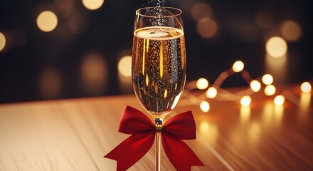 Elegant champagne glass with sparkling bubbles and a red ribbon, set on a table with warm bokeh lights for a festive holiday cocktail concept